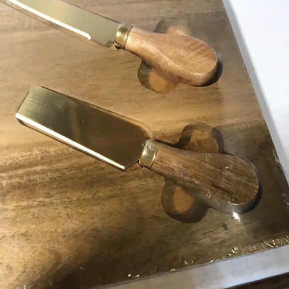 Acacia Wood Cheese Board Charcuterie Board 3 Stainless Steel Knives Gold Tone - Picture 6 of 9